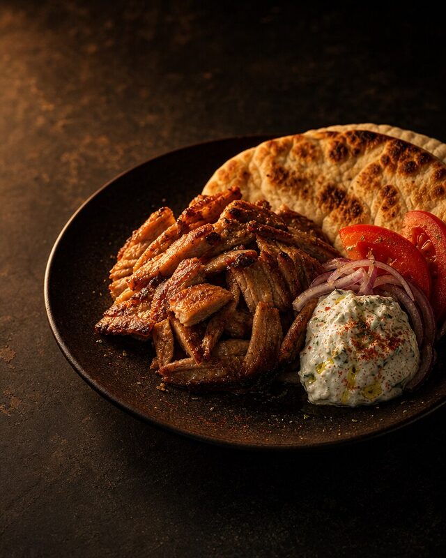 Hausgemachter Gyros vom Lavastein der Taverna Pelagos